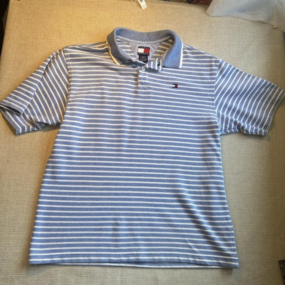 Tommy Hilfiger Polo Shirt Mens Large Blue White Striped‎ Custom Fit Classic